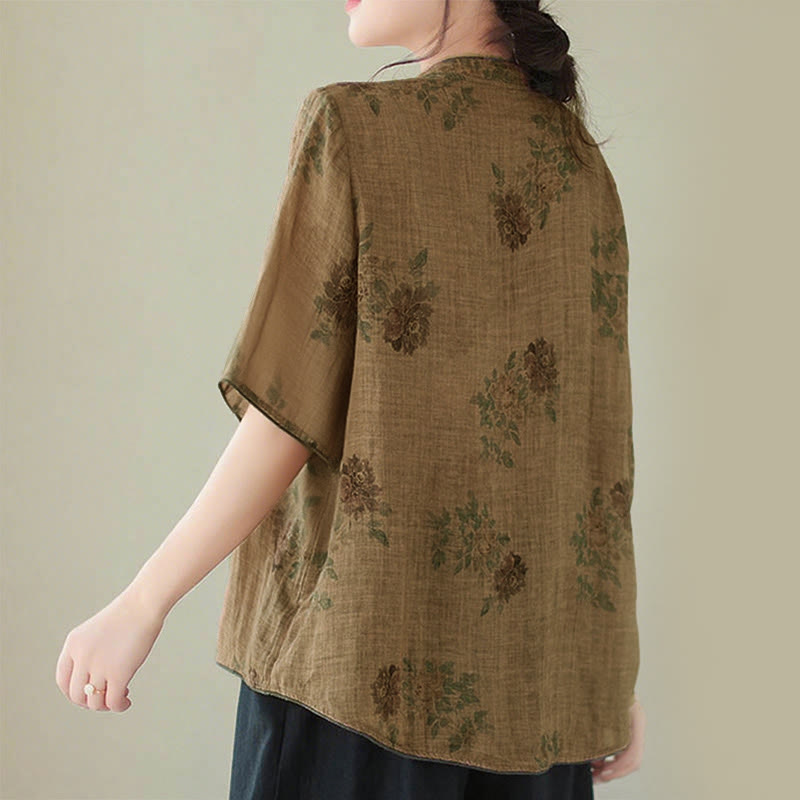 Camisa con botones de rana y estampado de flores moradas con Buddha Stones - image 3