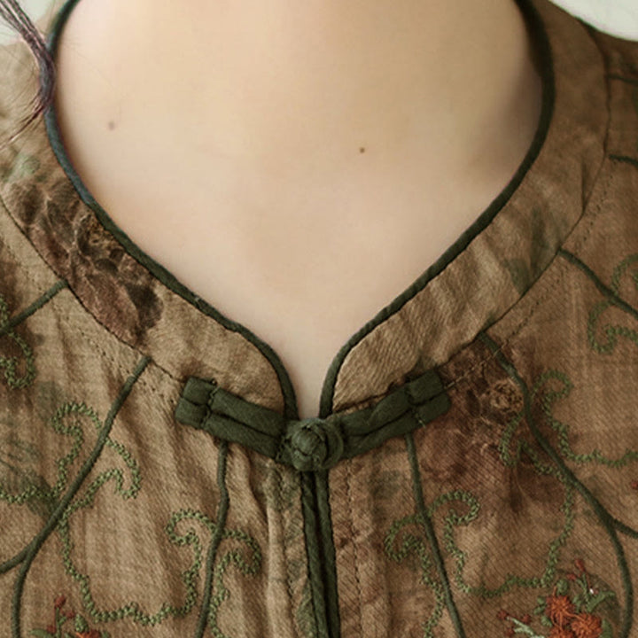 Camisa con botones de rana y estampado de flores moradas con Buddha Stones - image 9