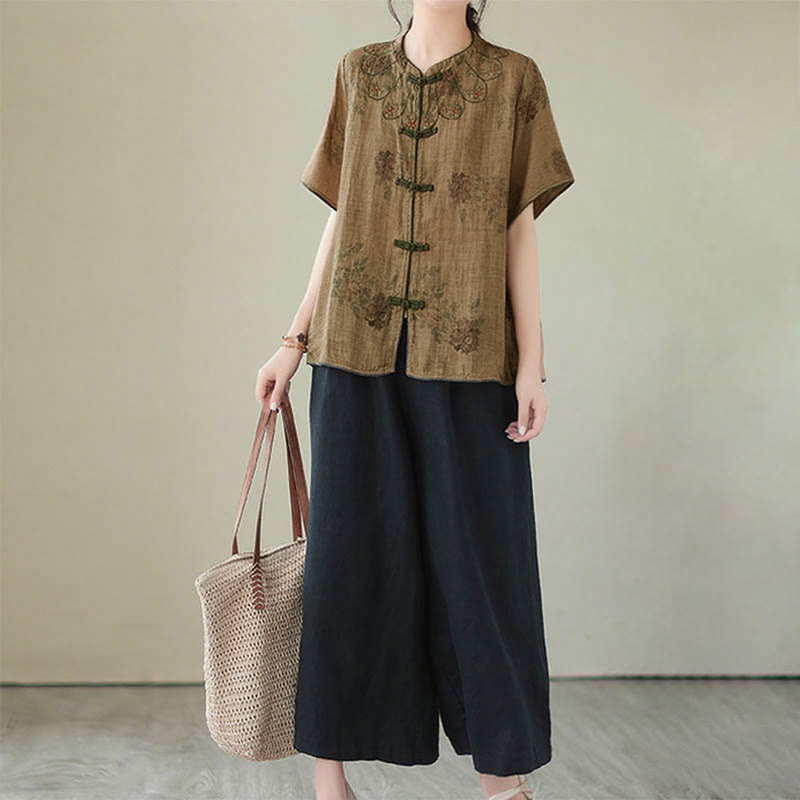 Camisa con botones de rana y estampado de flores moradas con Buddha Stones - image 12