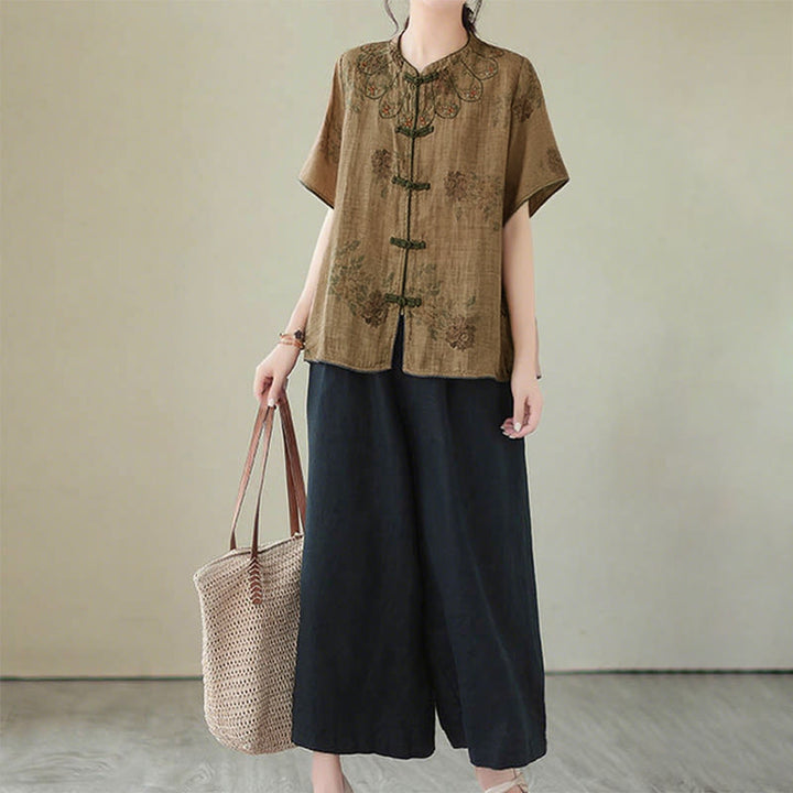 Camisa con botones de rana y estampado de flores moradas con Buddha Stones - image 12