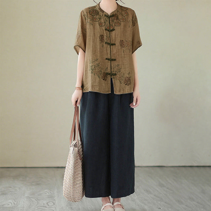 Camisa con botones de rana y estampado de flores moradas con Buddha Stones - image 11