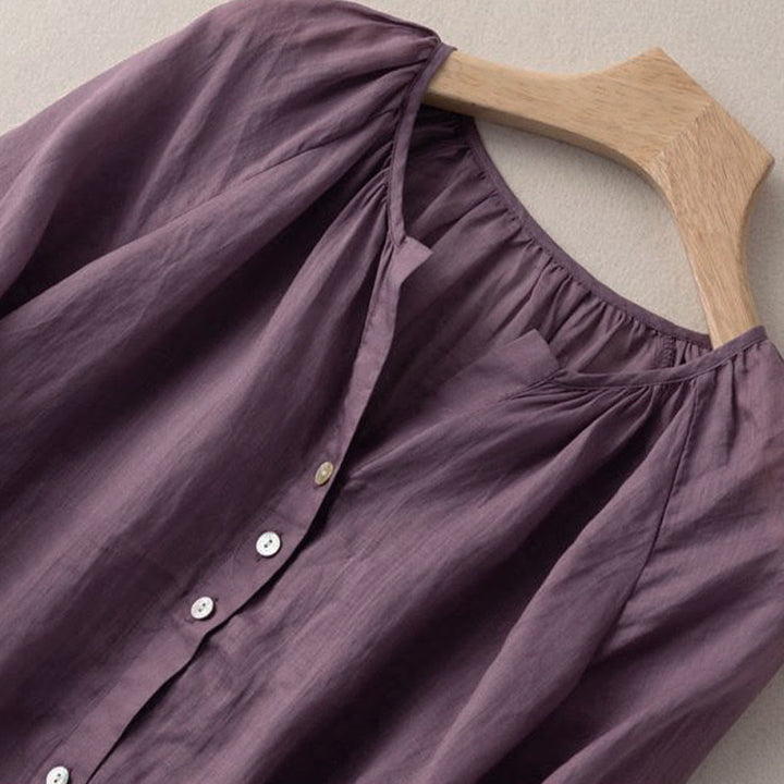 Camisa de algodón con cuello en V y mangas abullonadas de tres cuartos con botones vintage de Buddha Stones para mujer - image 6