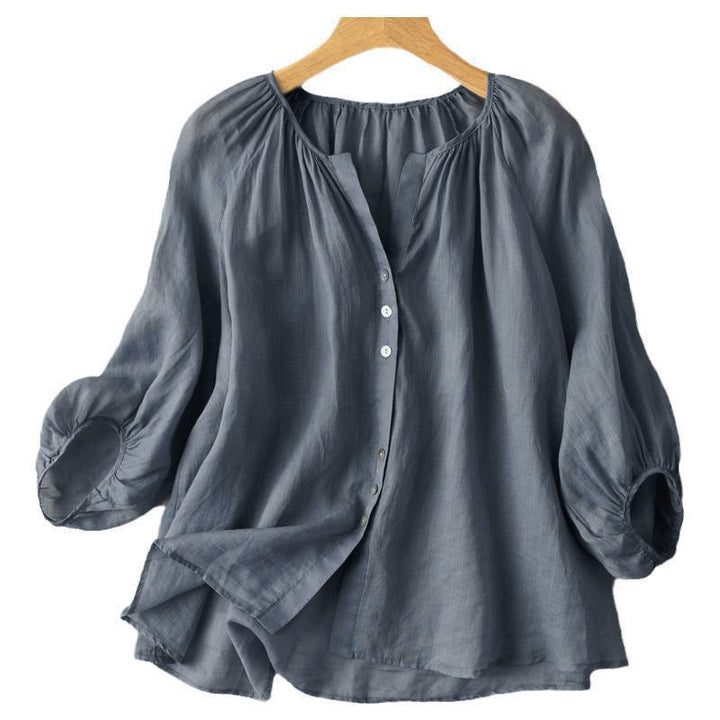 Camisa de algodón con cuello en V y mangas abullonadas de tres cuartos con botones vintage de Buddha Stones para mujer - image 3