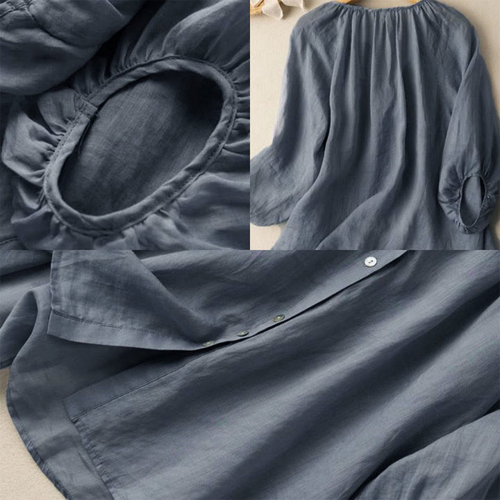 Camisa de algodón con cuello en V y mangas abullonadas de tres cuartos con botones vintage de Buddha Stones para mujer - image 5