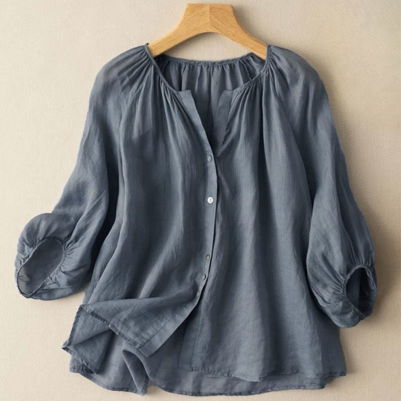 Camisa vintage con cuello en V y mangas abullonadas de tres cuartos para mujer con Buddha Stones - Azul acero - US14, UK/AU18, EU46 (4XL) - image 0