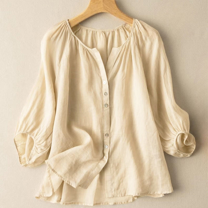 Camisa de algodón con cuello en V y mangas abullonadas de tres cuartos con botones vintage de Buddha Stones para mujer - image 14
