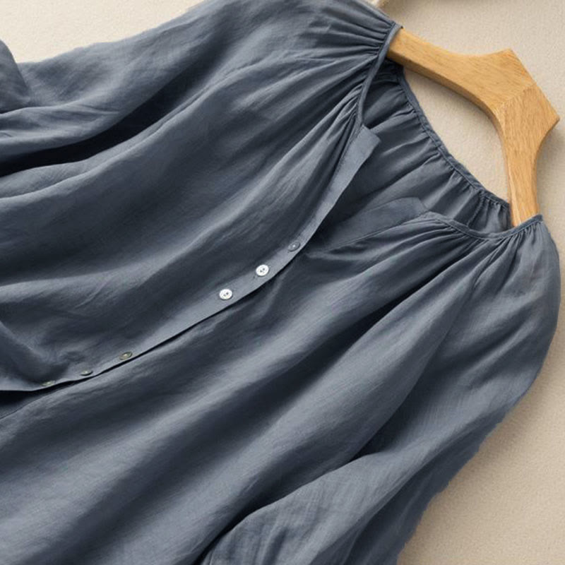 Camisa de algodón con cuello en V y mangas abullonadas de tres cuartos con botones vintage de Buddha Stones para mujer - image 4