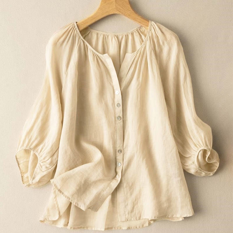 Camisa de algodón con cuello en V y mangas abullonadas de tres cuartos con botones vintage de Buddha Stones para mujer - Vara de oro pálida - US14, UK/AU18, EU46 (4XL) - image 10
