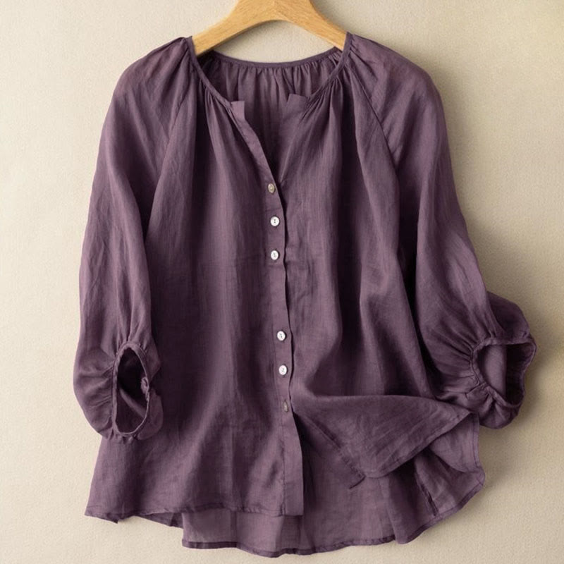 Camisa de algodón con cuello en V y mangas abullonadas de tres cuartos con botones vintage de Buddha Stones para mujer - Magenta oscuro - US14, UK/AU18, EU46 (4XL) - image 8