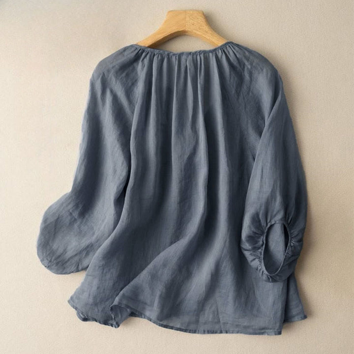 Camisa de algodón con cuello en V y mangas abullonadas de tres cuartos con botones vintage de Buddha Stones para mujer - image 2