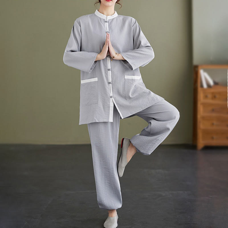 Conjunto de 2 piezas de camisa y pantalones de tai chi de algodón con Buddha Stones para mujer, ropa de meditación zen - Azul acero claro - US8-10，UK/AU12-14，EU40-42 (2XL) - image 1