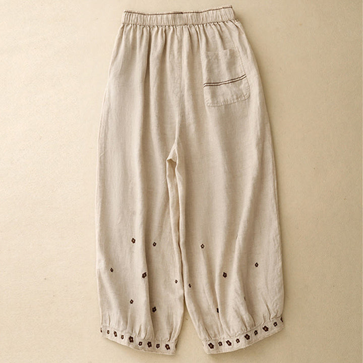 Pantalones harén de algodón y lino para mujer, informales, con pétalos bordados y Buddha Stones , de largo 7-8, con bolsillos - image 1