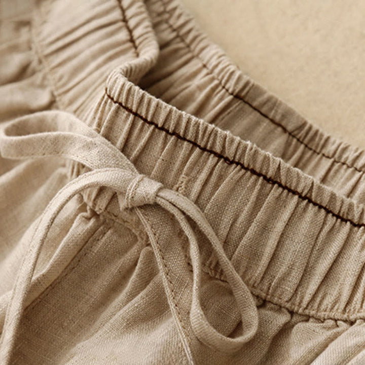 Pantalones harén de algodón y lino para mujer, informales, con pétalos bordados y Buddha Stones , de largo 7-8, con bolsillos - image 2