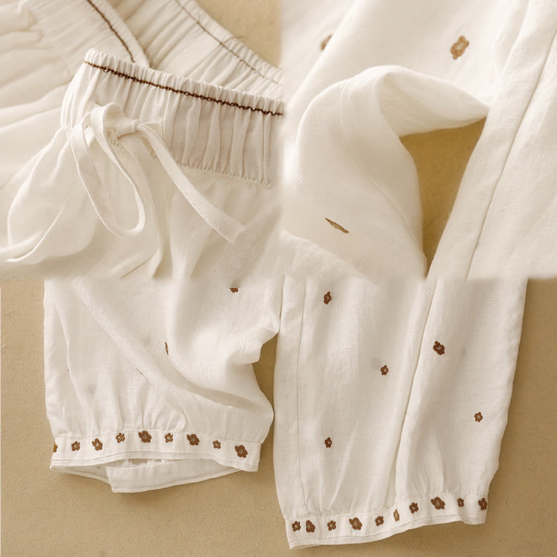 Pantalones harén de algodón y lino para mujer, informales, con pétalos bordados y Buddha Stones , de largo 7-8, con bolsillos - image 8