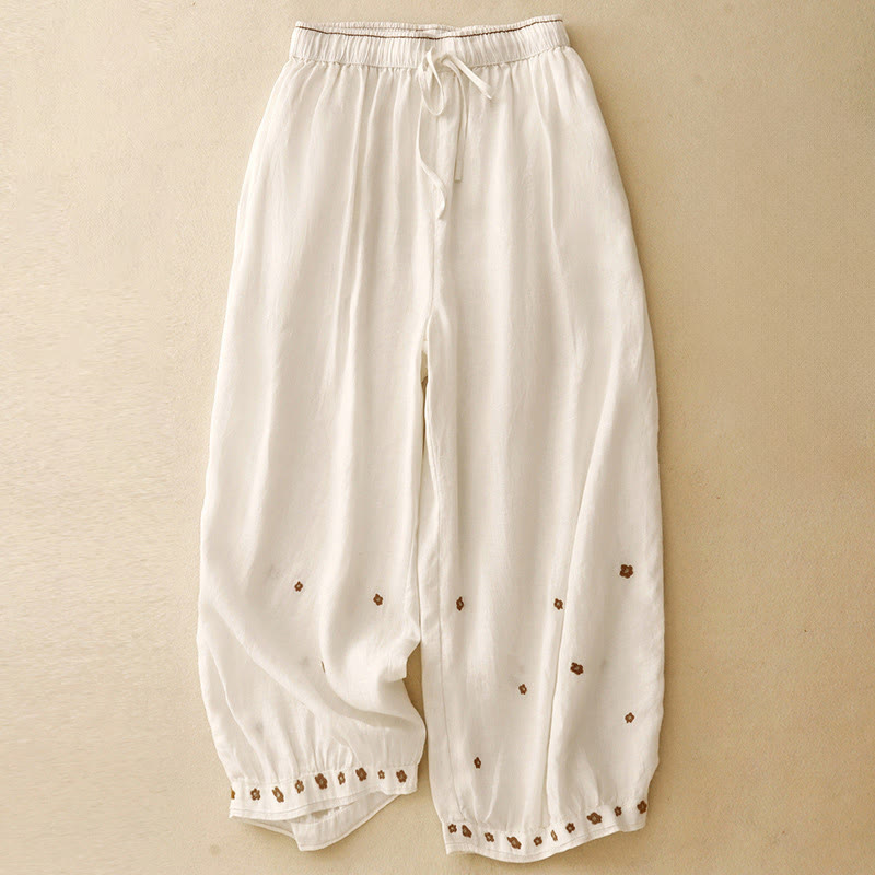 Pantalones harén de algodón y lino para mujer, informales, con pétalos bordados y Buddha Stones , de largo 7-8, con bolsillos - Lino - US12, UK/AU16, EU44 (2XL) - image 6