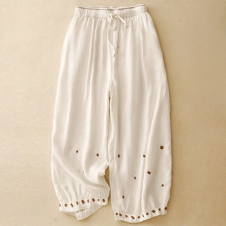 Pantalones harén de algodón y lino para mujer, informales, con pétalos bordados y Buddha Stones , de largo 7-8, con bolsillos - Lino - US12, UK/AU16, EU44 (2XL) - image 6