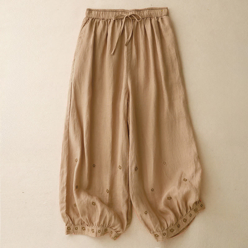 Pantalones harén de algodón y lino para mujer, informales, con pétalos bordados y Buddha Stones , de largo 7-8, con bolsillos - SandyBrown - US12, UK/AU16, EU44 (2XL) - image 9