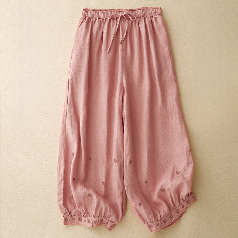 Pantalones harén de algodón y lino para mujer, informales, con pétalos bordados y Buddha Stones , de largo 7-8, con bolsillos - Coral claro - US12, UK/AU16, EU44 (2XL) - image 12