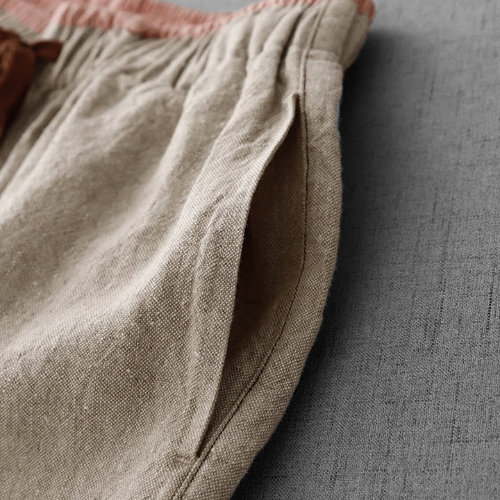 Pantalones casuales de lino y algodón con bolsillos para mujer, con diseño sencillo y cordón , de Buddha Stones. - image 7