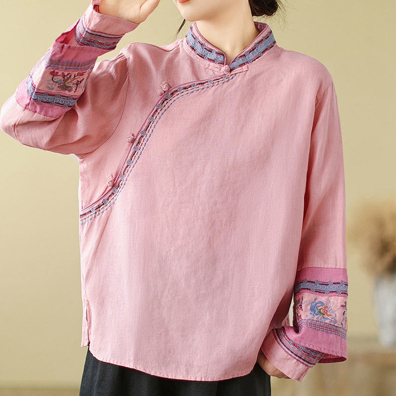 Camisa de lino y algodón para mujer con botones inclinados y bordados con Buddha Stones - Rosa - US8-10，UK/AU12-14，EU40-42 (2XL) - image 13