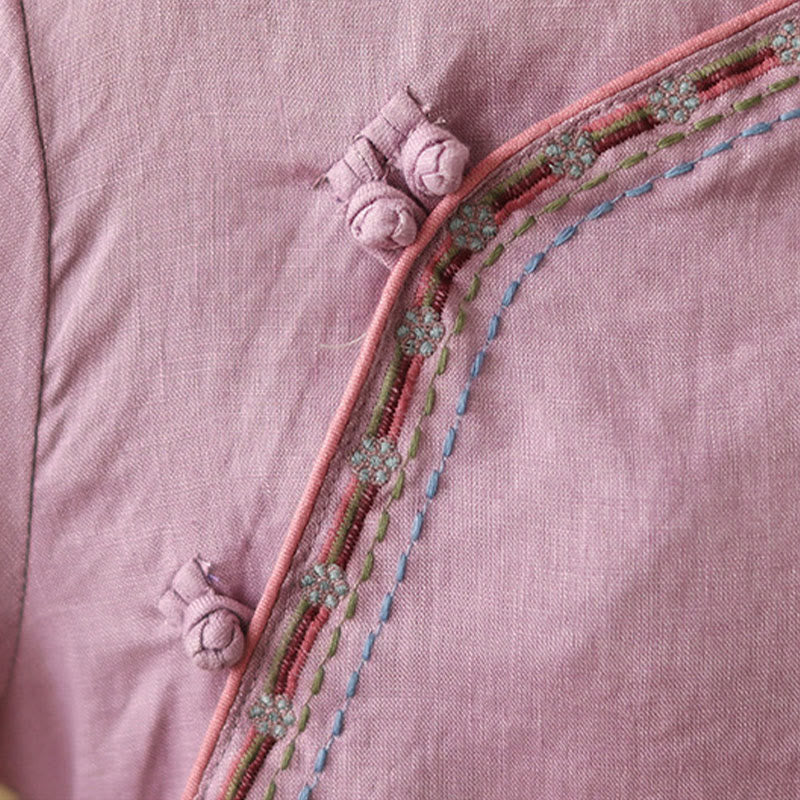 Camisa de lino y algodón para mujer con botones inclinados y bordados con Buddha Stones - image 8