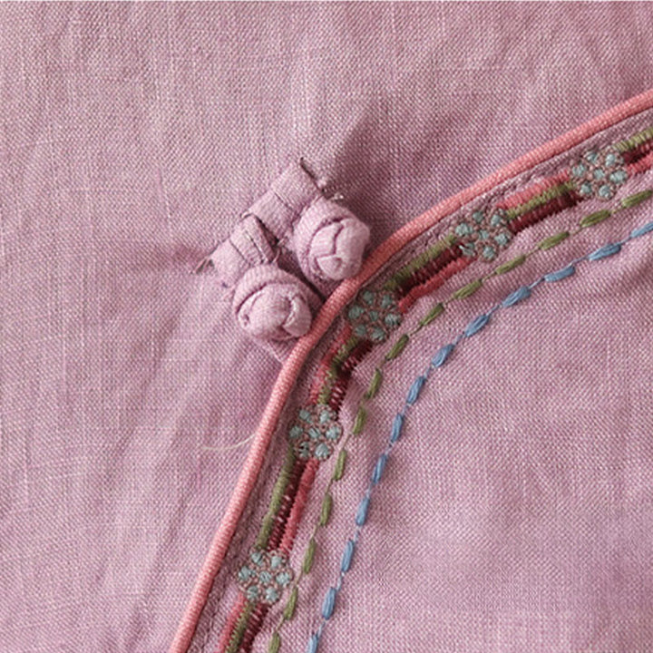 Camisa de lino y algodón para mujer con botones inclinados y bordados con Buddha Stones - image 9