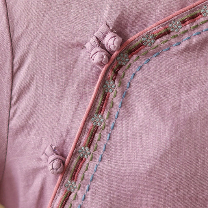 Camisa de lino y algodón para mujer con botones inclinados y bordados con Buddha Stones - image 7