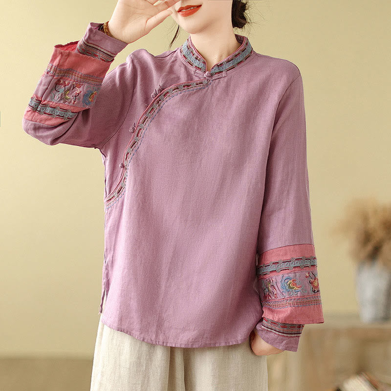 Camisa de lino y algodón para mujer con botones inclinados y bordados con Buddha Stones - Ciruela - US8-10，UK/AU12-14，EU40-42 (2XL) - image 0
