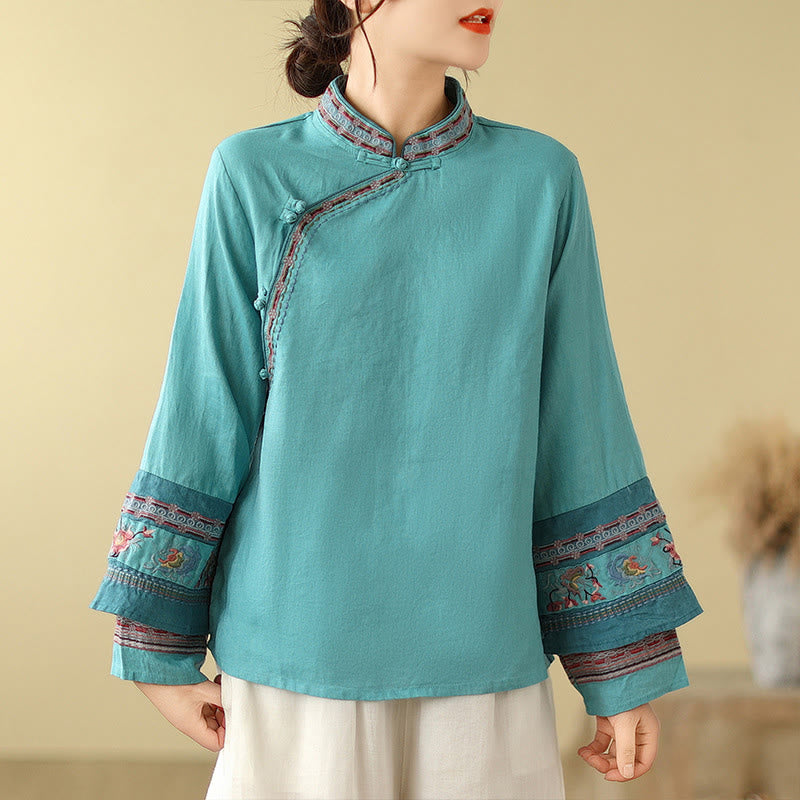 Camisa de lino y algodón para mujer con botones inclinados y bordados con Buddha Stones - Verde mar claro - US8-10，UK/AU12-14，EU40-42 (2XL) - image 19