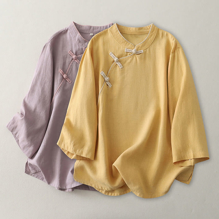 Camisa de lino y algodón con botones inclinados y diseño de Buddha Stones para mujer - image 7