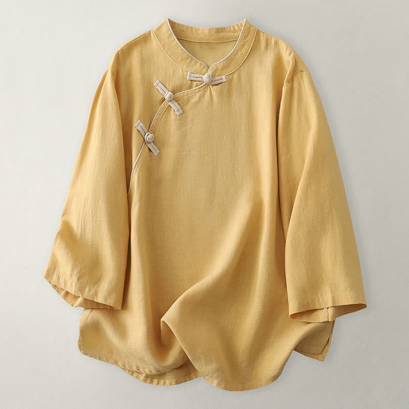 Camisa de lino y algodón con botones inclinados y diseño de Buddha Stones para mujer - Oro - US12, UK/AU16, EU44 (2XL) - image 0