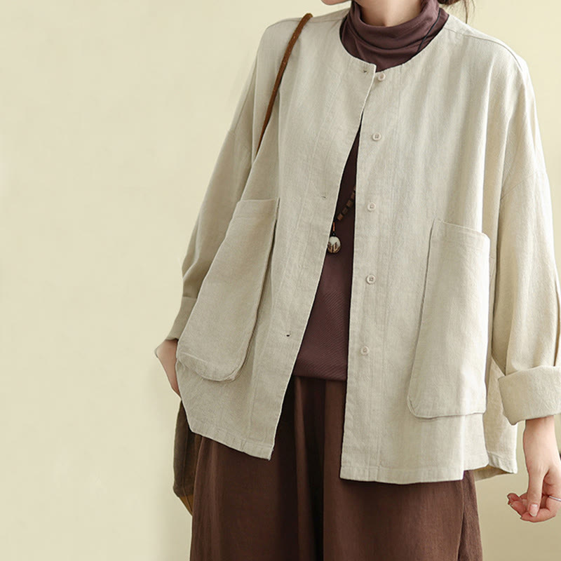 Chaqueta de lino y algodón de manga larga para mujer con diseño liso de Buddha Stones y bolsillos - image 4