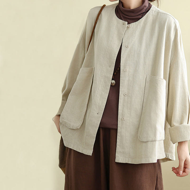 Chaqueta de lino y algodón de manga larga para mujer con diseño liso de Buddha Stones y bolsillos - image 4