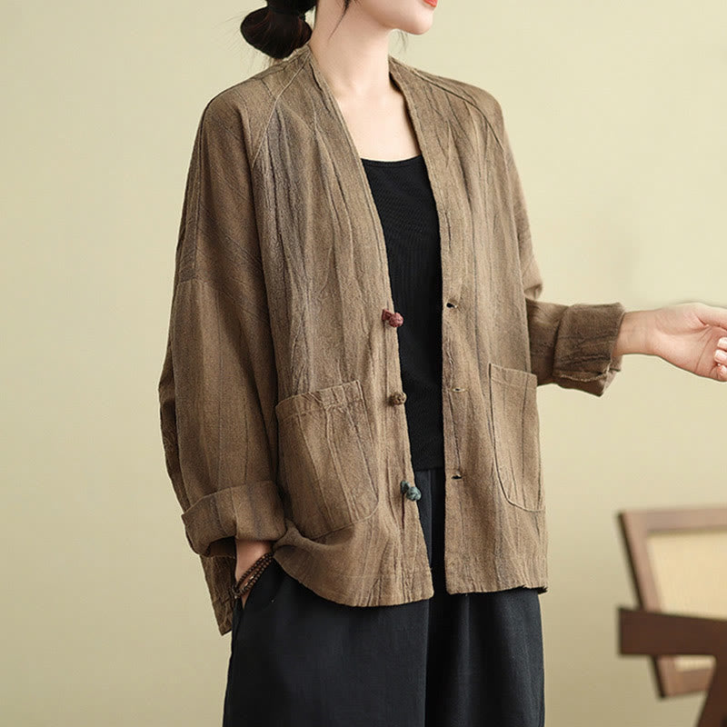Chaqueta de lino y algodón de manga larga para mujer con bolsillos y Buddha Stones - Broncearse - US14，UK/AU18，EU46 (2XL) - image 1