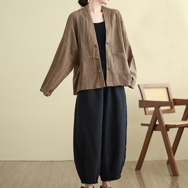 Chaqueta de lino y algodón de manga larga para mujer con bolsillos y Buddha Stones - image 6
