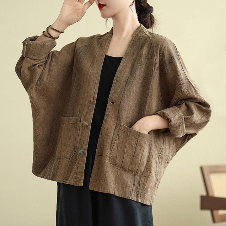Chaqueta de lino y algodón de manga larga para mujer con bolsillos y Buddha Stones - image 2
