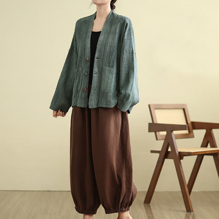Chaqueta de lino y algodón de manga larga para mujer con bolsillos y Buddha Stones - image 22