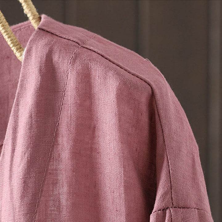 Chaqueta de algodón con cuello en V y bolsillos para mujer de Buddha Stones en color puro - image 8