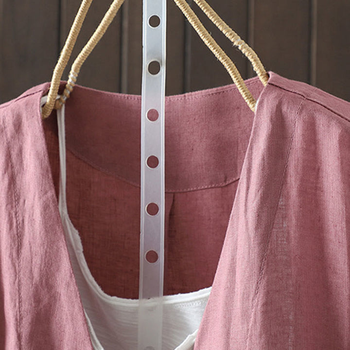 Chaqueta de algodón con cuello en V y bolsillos para mujer de Buddha Stones en color puro - image 14