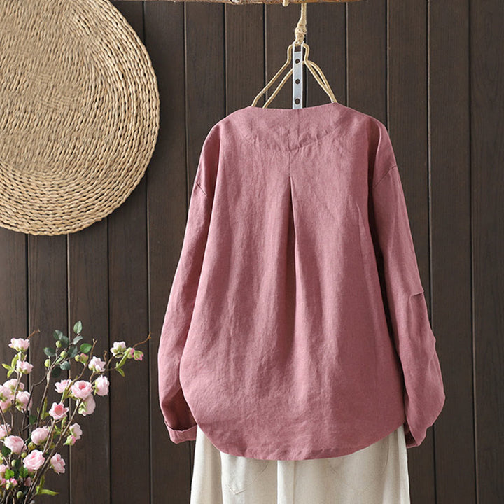 Chaqueta de algodón con cuello en V y bolsillos para mujer de Buddha Stones en color puro - image 7