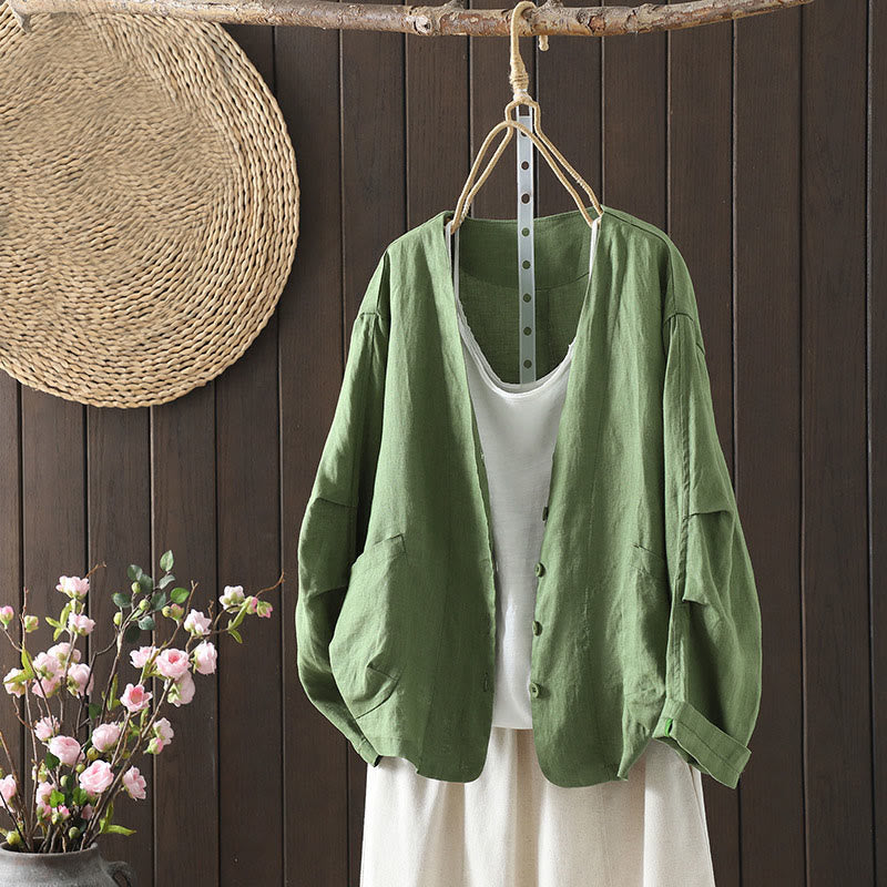 Chaqueta de algodón con cuello en V y bolsillos para mujer de Buddha Stones en color puro - Verde mar medio - US14，UK/AU18，EU46 (2XL) - image 17