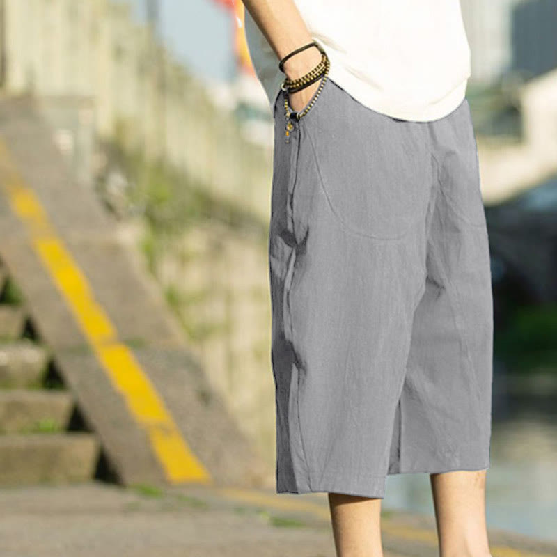 Pantalones de lino y algodón con diseño plisado de Buddha Stones para hombre, de verano, con cordón ajustable, de largo 7-8 y bolsillos - image 2