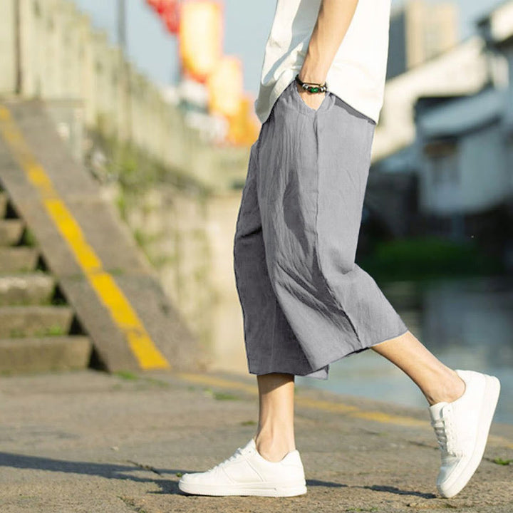 Pantalones de lino y algodón con diseño plisado de Buddha Stones para hombre, de verano, con cordón ajustable, de largo 7-8 y bolsillos - image 1