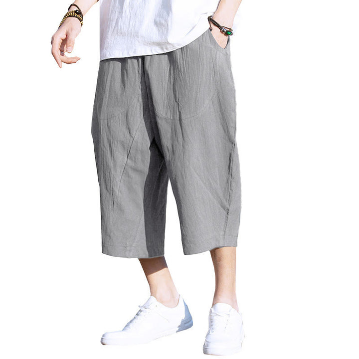 Pantalones de lino y algodón con diseño plisado de Buddha Stones para hombre, de verano, con cordón ajustable, de largo 7-8 y bolsillos - image 3