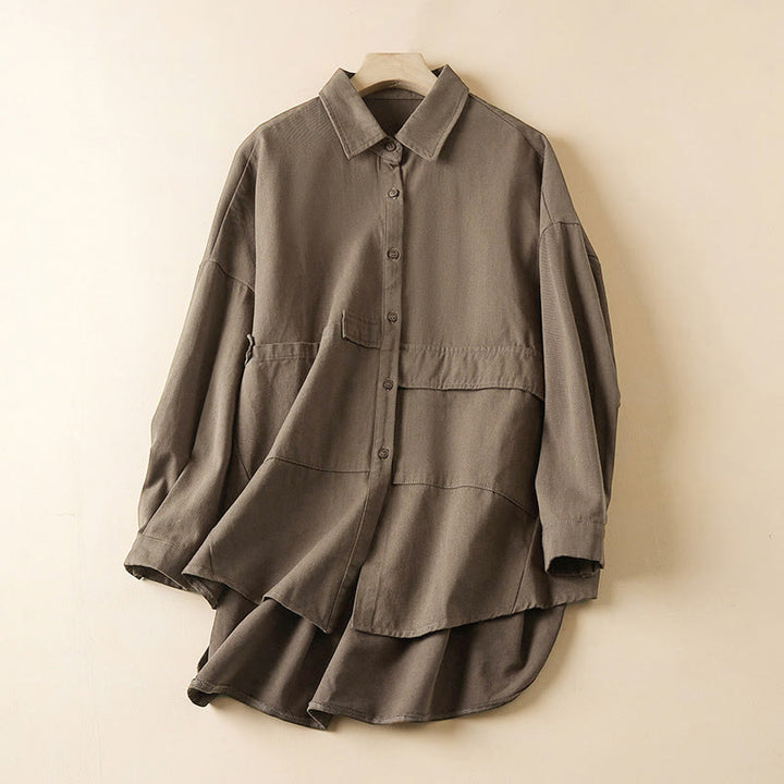 Chaqueta de lino y algodón de manga larga para mujer con solapa y bolsillos, diseño irregular de Buddha Stones Fall - Broncearse - US14，UK/AU18，EU46 (2XL) - image 13