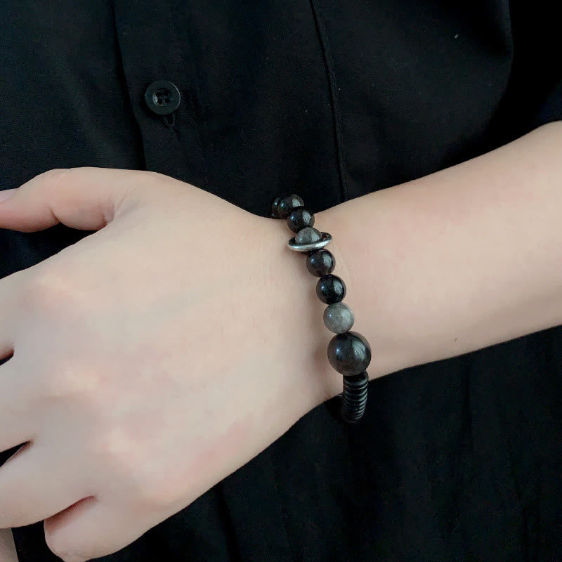 Pulsera protectora de concha de coco y obsidiana con brillo plateado de Buddha Stones - image 9