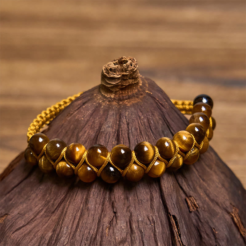 Pulsera protectora de cuentas de doble hilera tejidas a mano con ojo de tigre y cinabrio natural de Buddha Stones - Ojo de tigre (circunferencia de la muñeca: 14-24 cm) - image 1