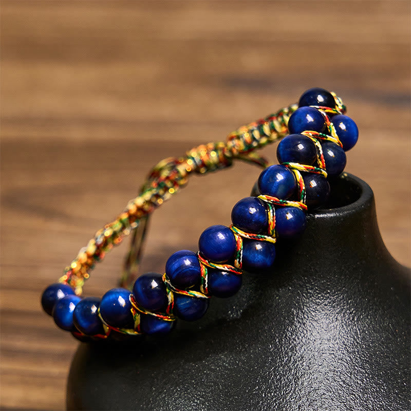 Pulsera de equilibrio de cuentas de doble hilera de colores tejida a mano con ojo de tigre azul natural de Buddha Stones - Ojo de tigre azul (circunferencia de la muñeca: 14-24 cm) - image 1