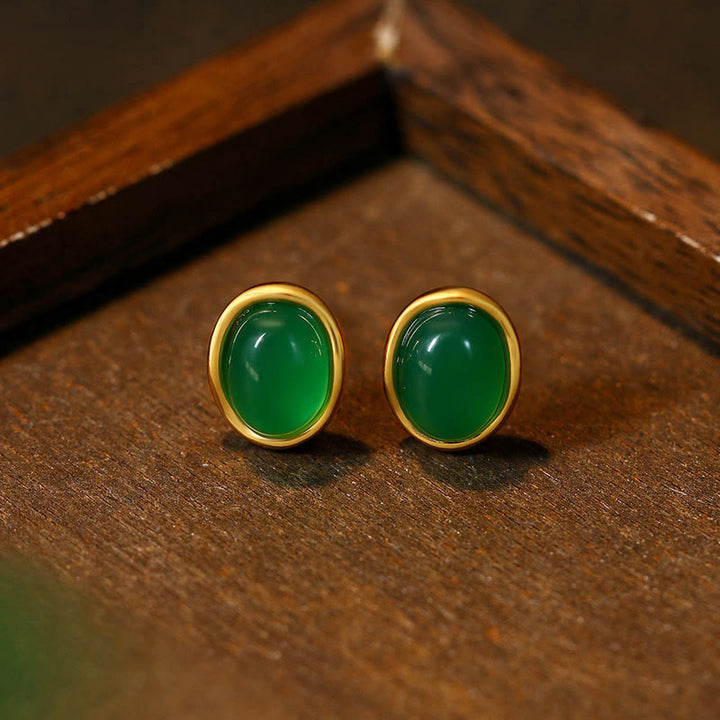 Pendientes de plata de ley 925 con Buddha Stones y calcedonia verde dorada.  - Calcedonia verde (postes de plata de ley 925) - image 0