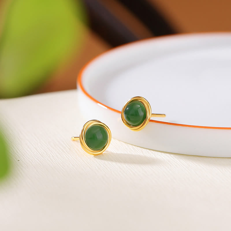 Pendientes de plata de ley 925 con Buddha Stones , jade hetiano, ágata y ámbar de la suerte  - Jade (postes de plata de ley 925) - image 1